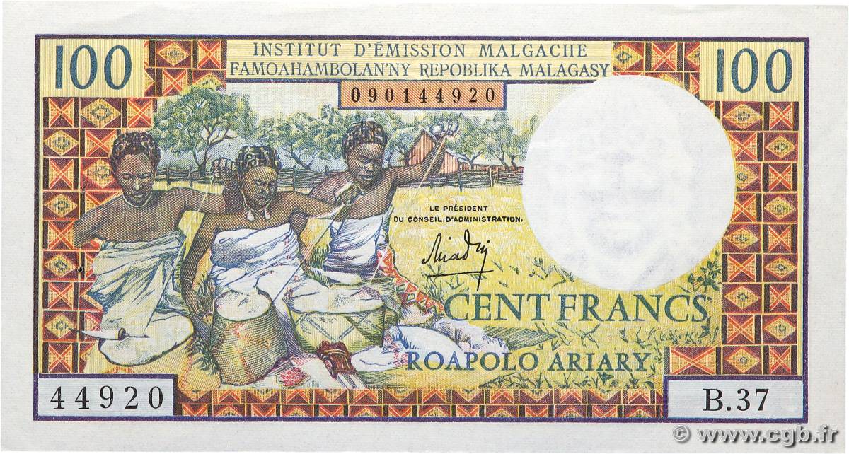 100 Francs - 20 Ariary MADAGASCAR  1966 P.057a XF