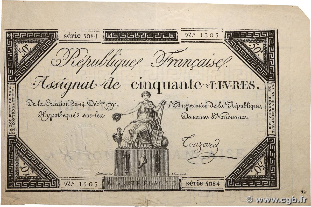 50 Livres FRANKREICH  1792 Ass.39a VZ