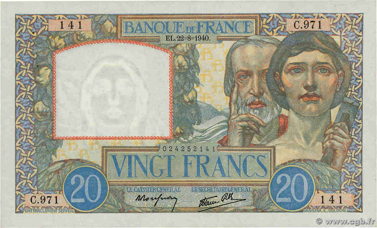 20 Francs TRAVAIL ET SCIENCE FRANKREICH  1940 F.12.06 VZ