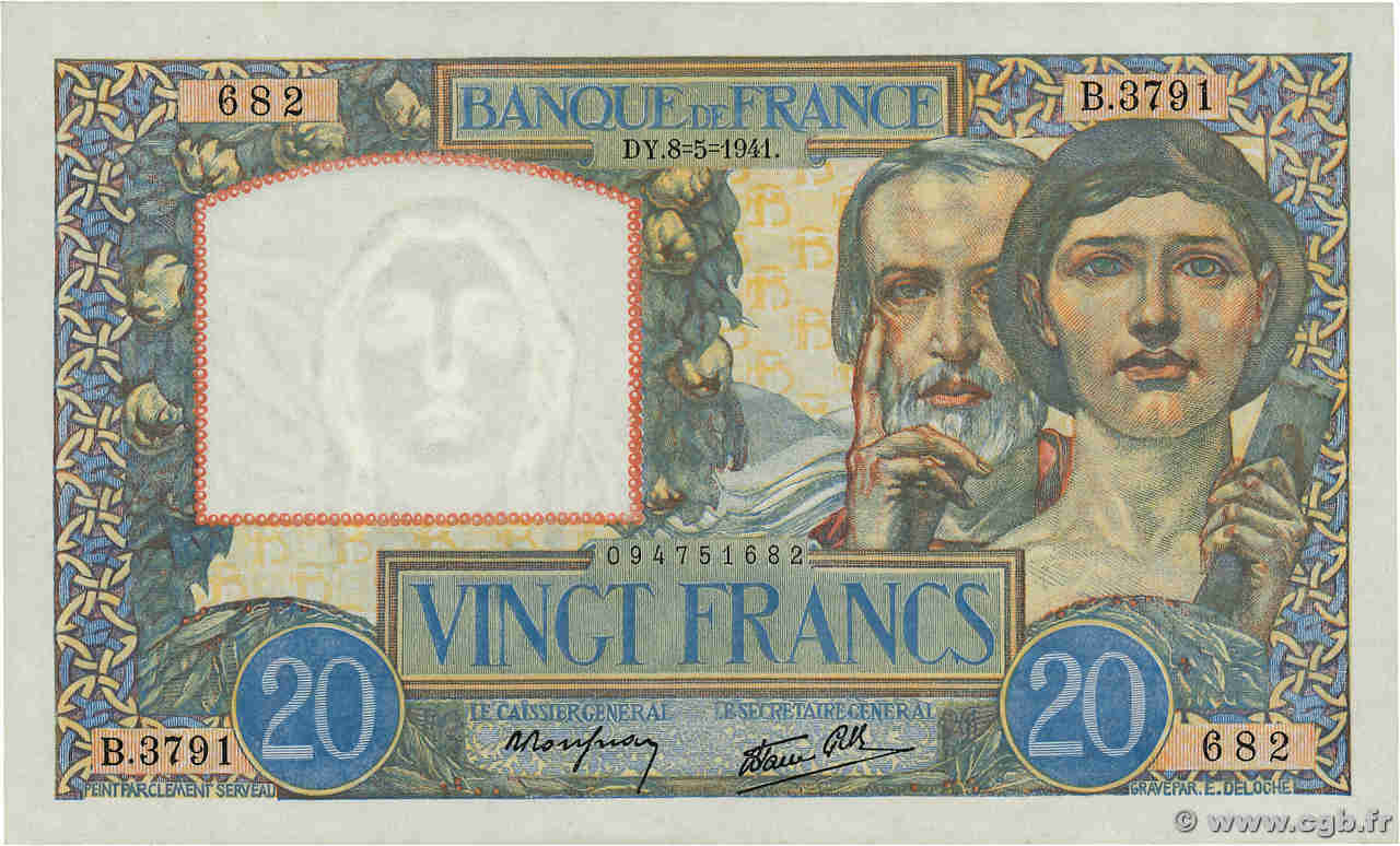 20 Francs TRAVAIL ET SCIENCE FRANCE  1941 F.12.14 SPL