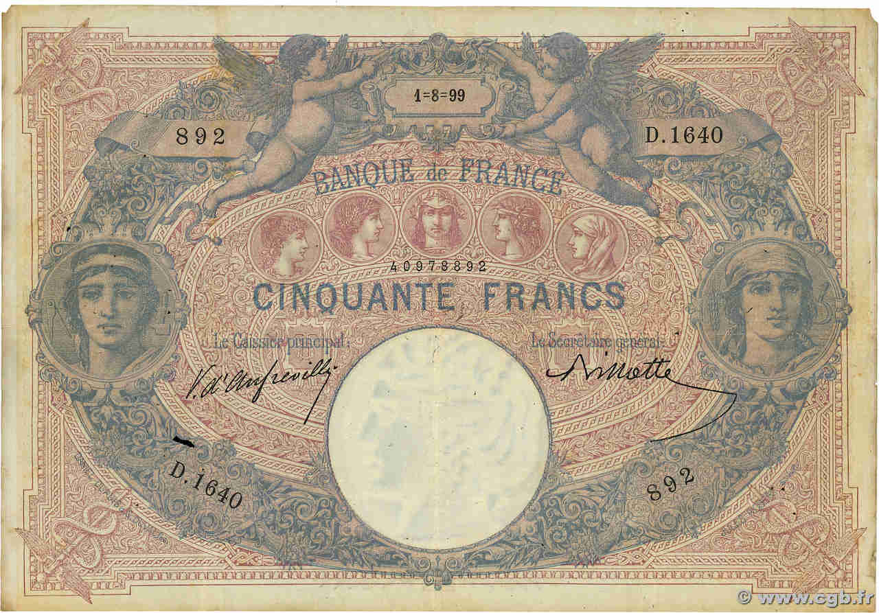 50 Francs BLEU ET ROSE FRANCIA  1899 F.14.11 BC