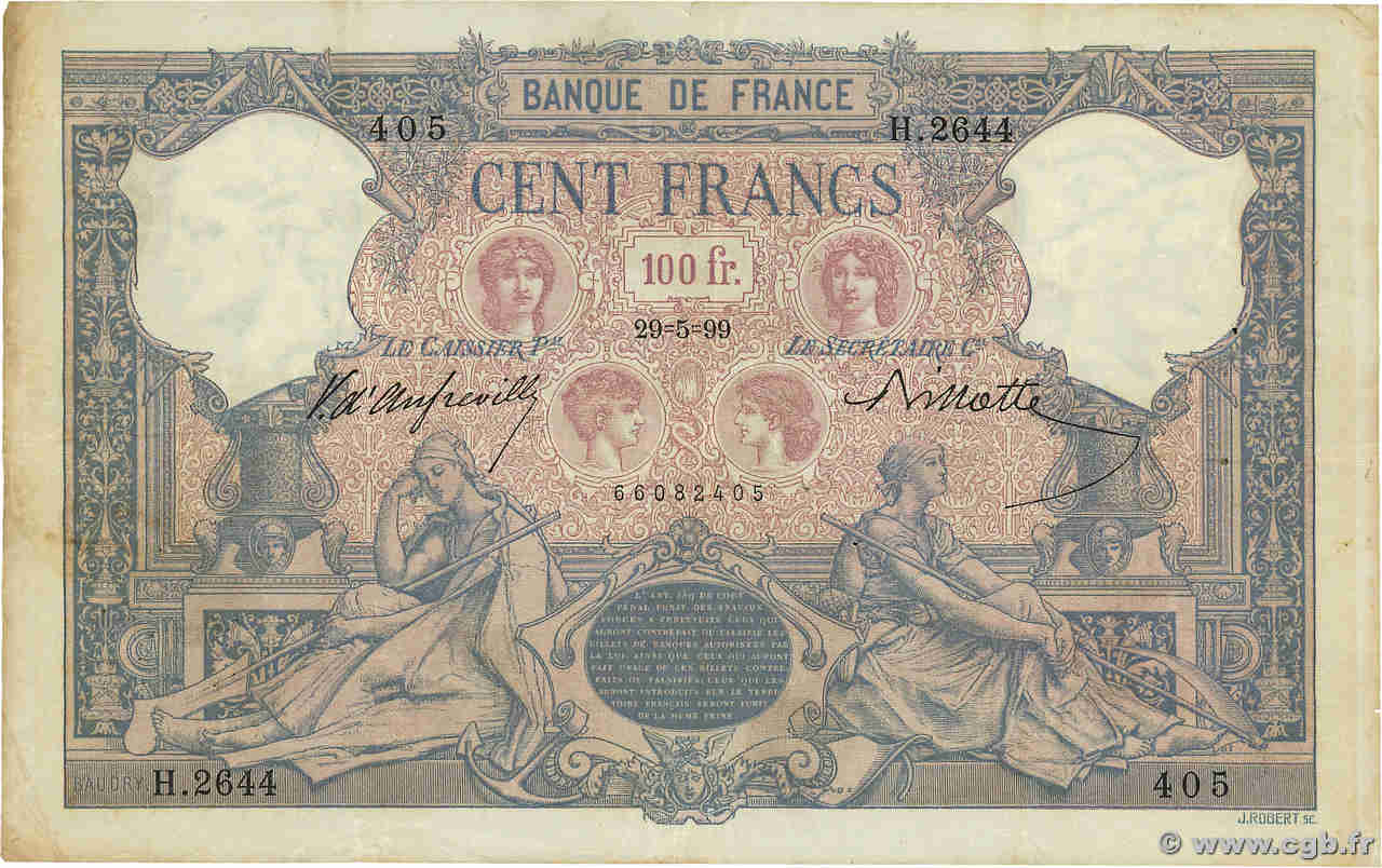 100 Francs BLEU ET ROSE FRANCE  1899 F.21.12 VF-