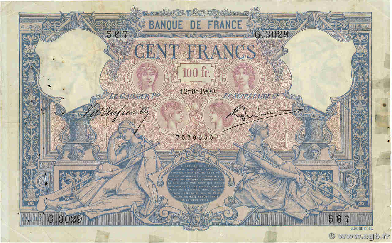 100 Francs BLEU ET ROSE FRANCIA  1900 F.21.14 BC