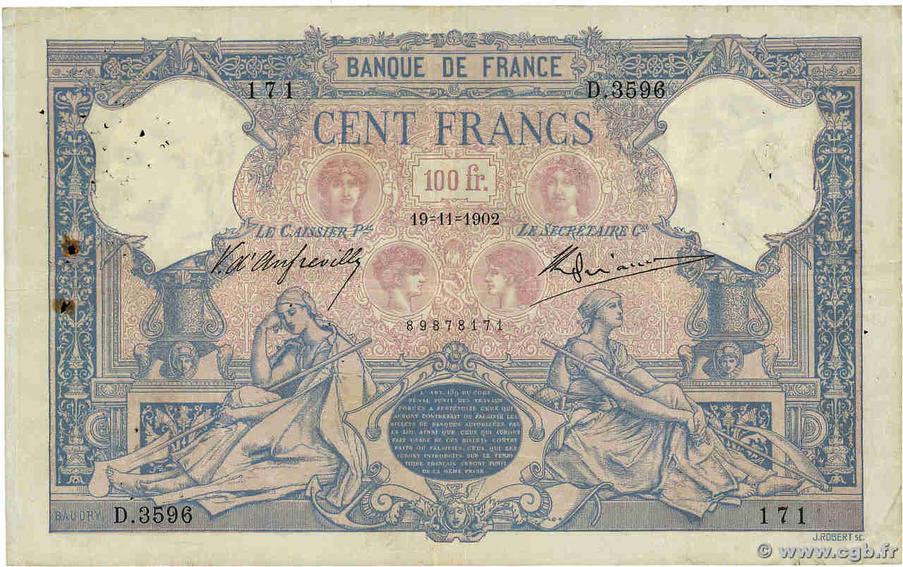 100 Francs BLEU ET ROSE FRANCE  1902 F.21.16 TB+