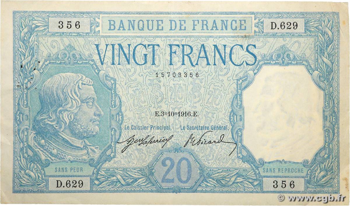 20 Francs BAYARD FRANCE  1916 F.11.01 TTB