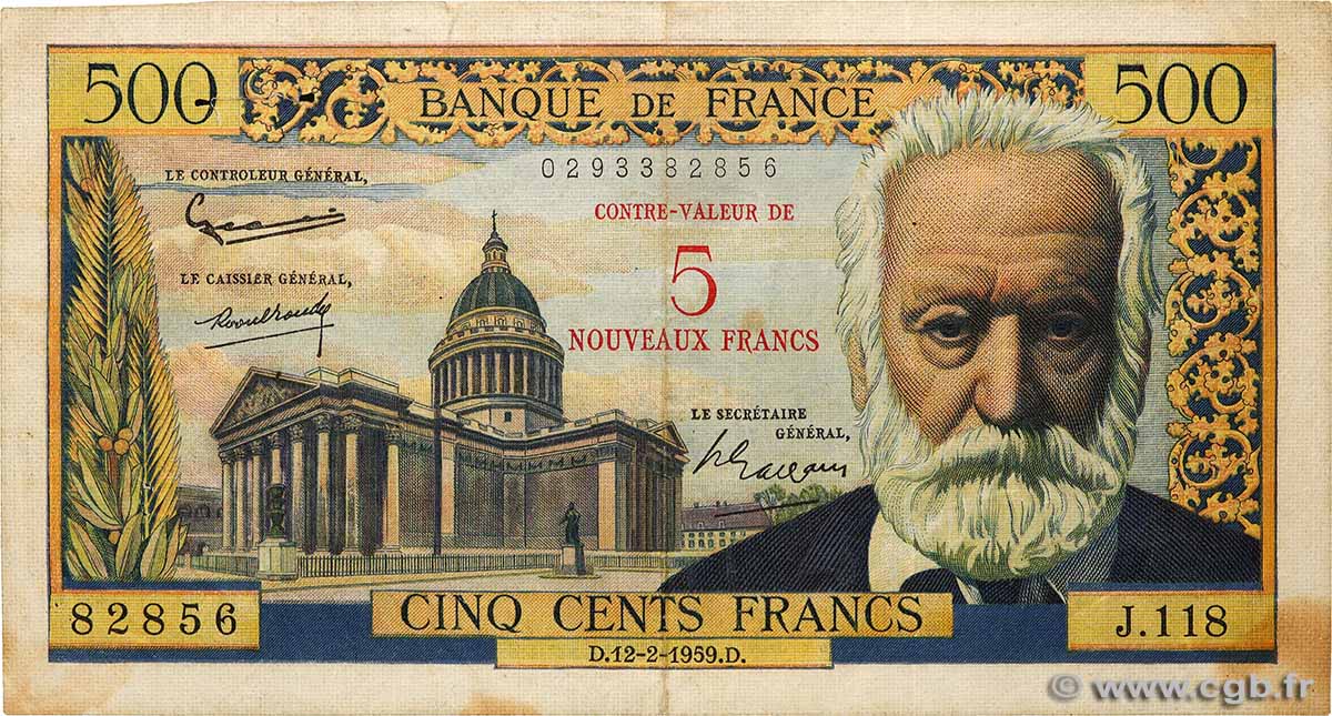 5 NF sur 500 Francs Victor HUGO FRANCE  1959 F.52.02 TB+