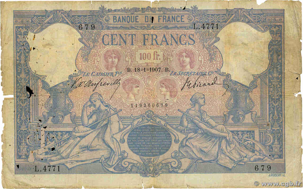 100 Francs BLEU ET ROSE FRANCIA  1907 F.21.21 B