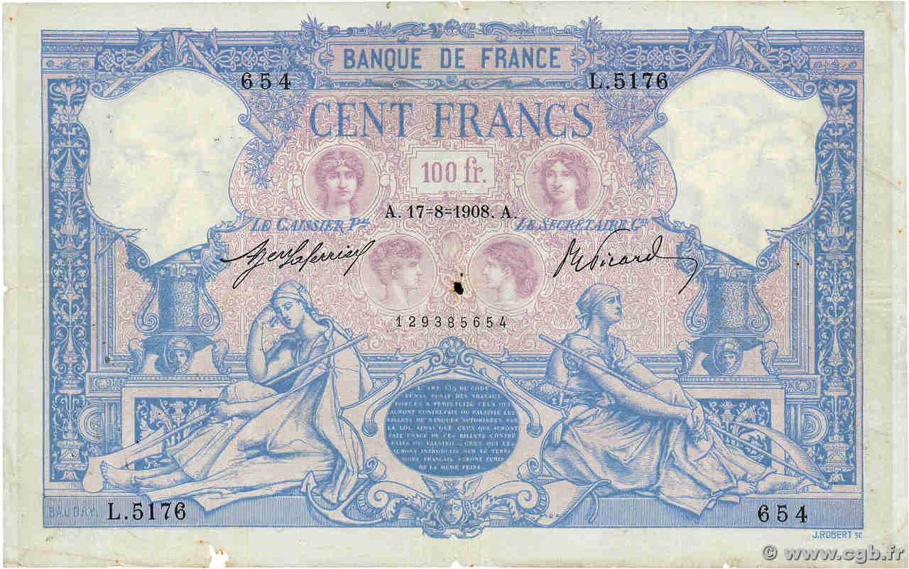 100 Francs BLEU ET ROSE FRANCE  1908 F.21.23 F-