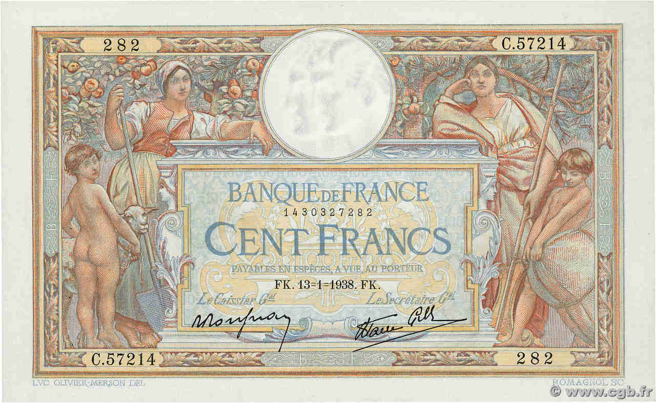 100 Francs LUC OLIVIER MERSON type modifié FRANCIA  1938 F.25.08 EBC+