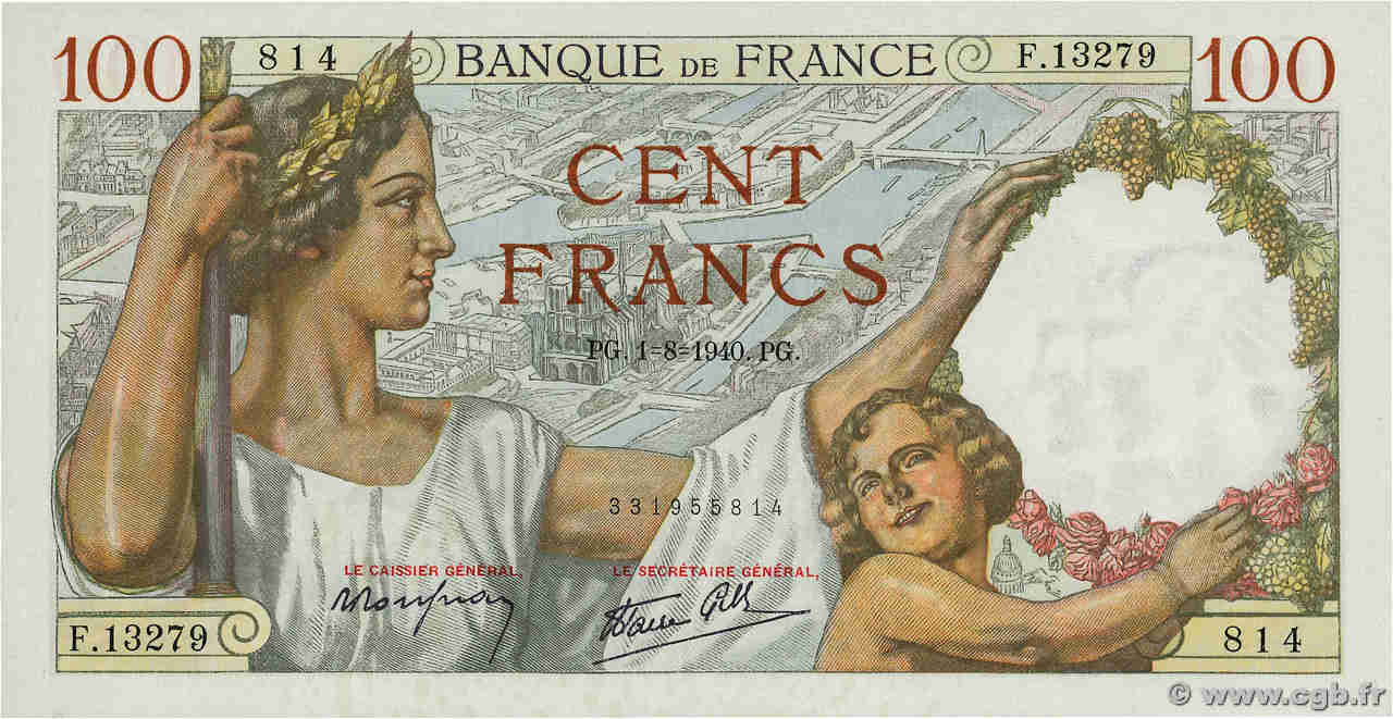 100 Francs SULLY FRANCE  1940 F.26.34 UNC-