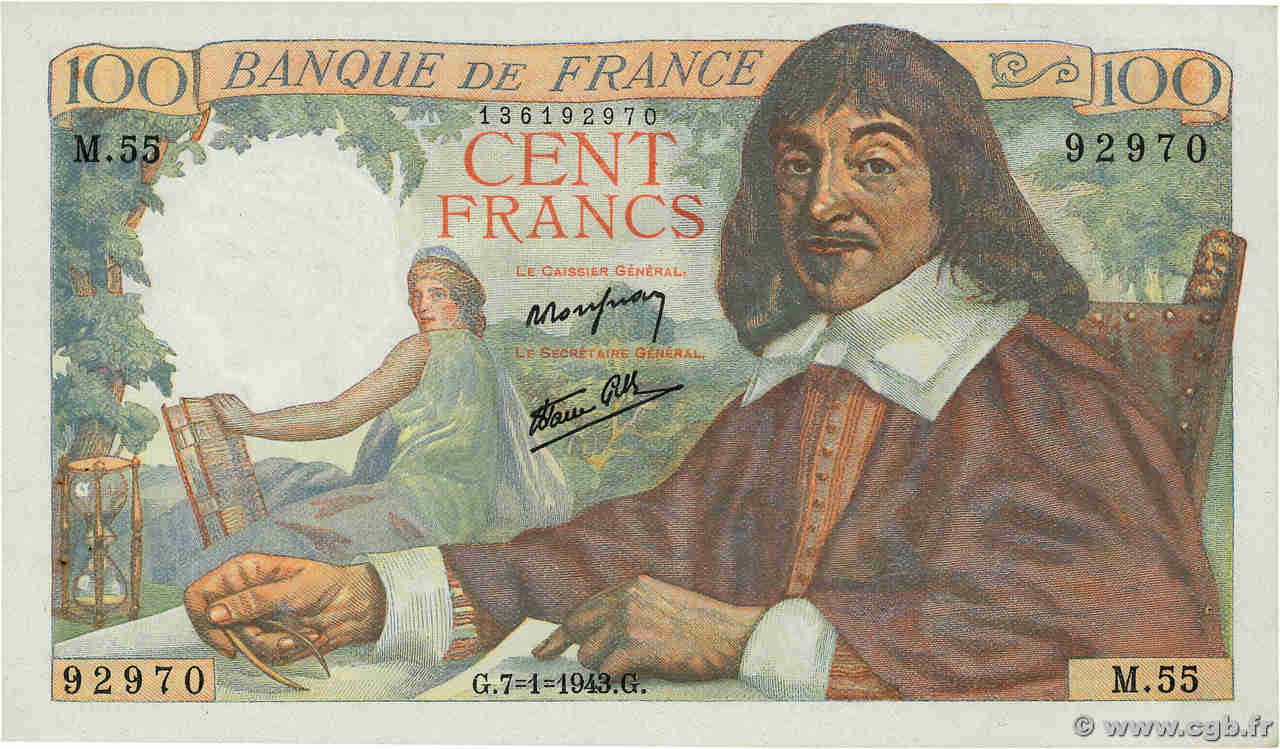 100 Francs DESCARTES FRANCE  1943 F.27.03 XF+