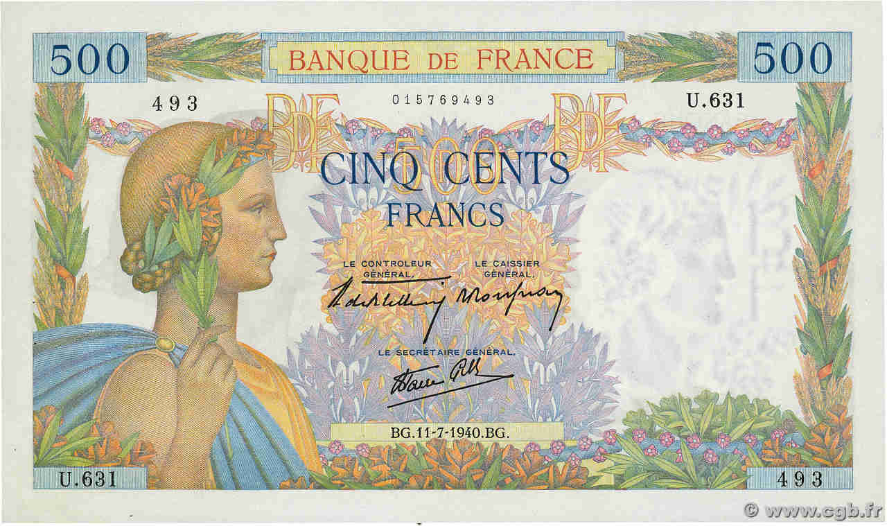 500 Francs LA PAIX FRANCE  1940 F.32.04 SPL