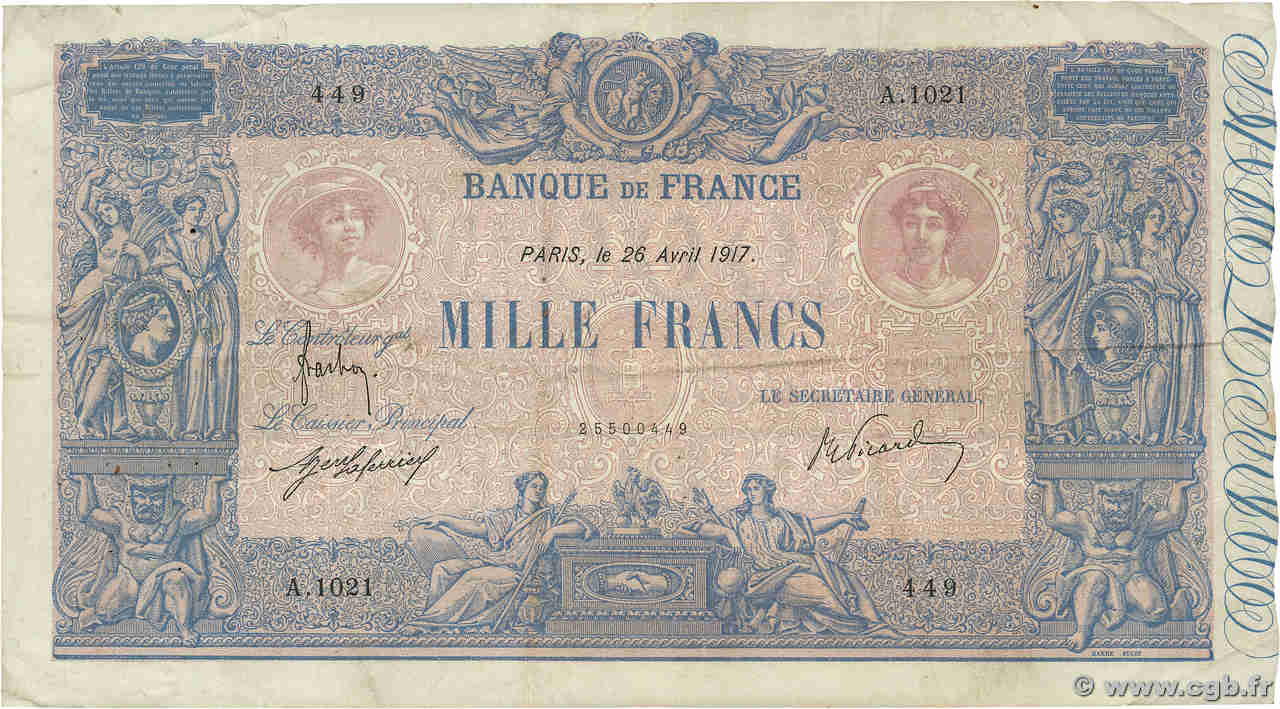 1000 Francs BLEU ET ROSE FRANKREICH  1917 F.36.31 fSS