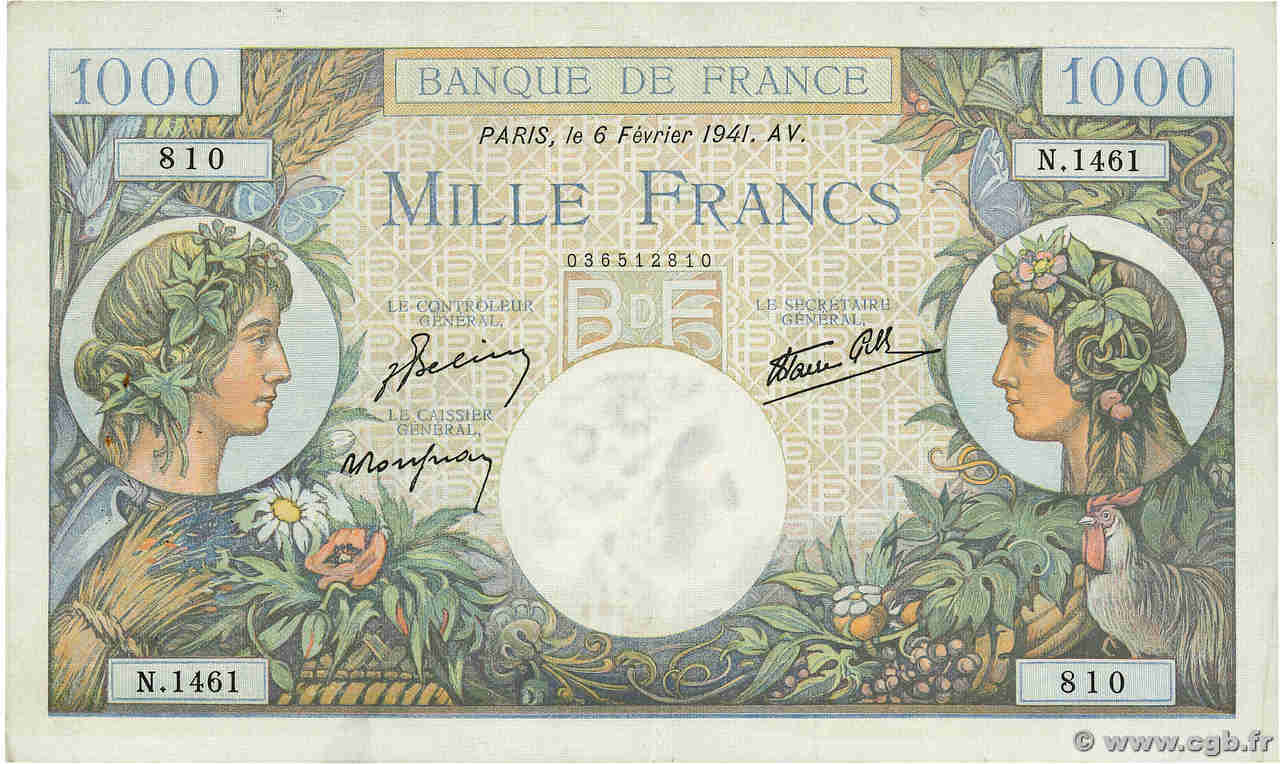 1000 Francs COMMERCE ET INDUSTRIE FRANCE  1941 F.39.04 VF+