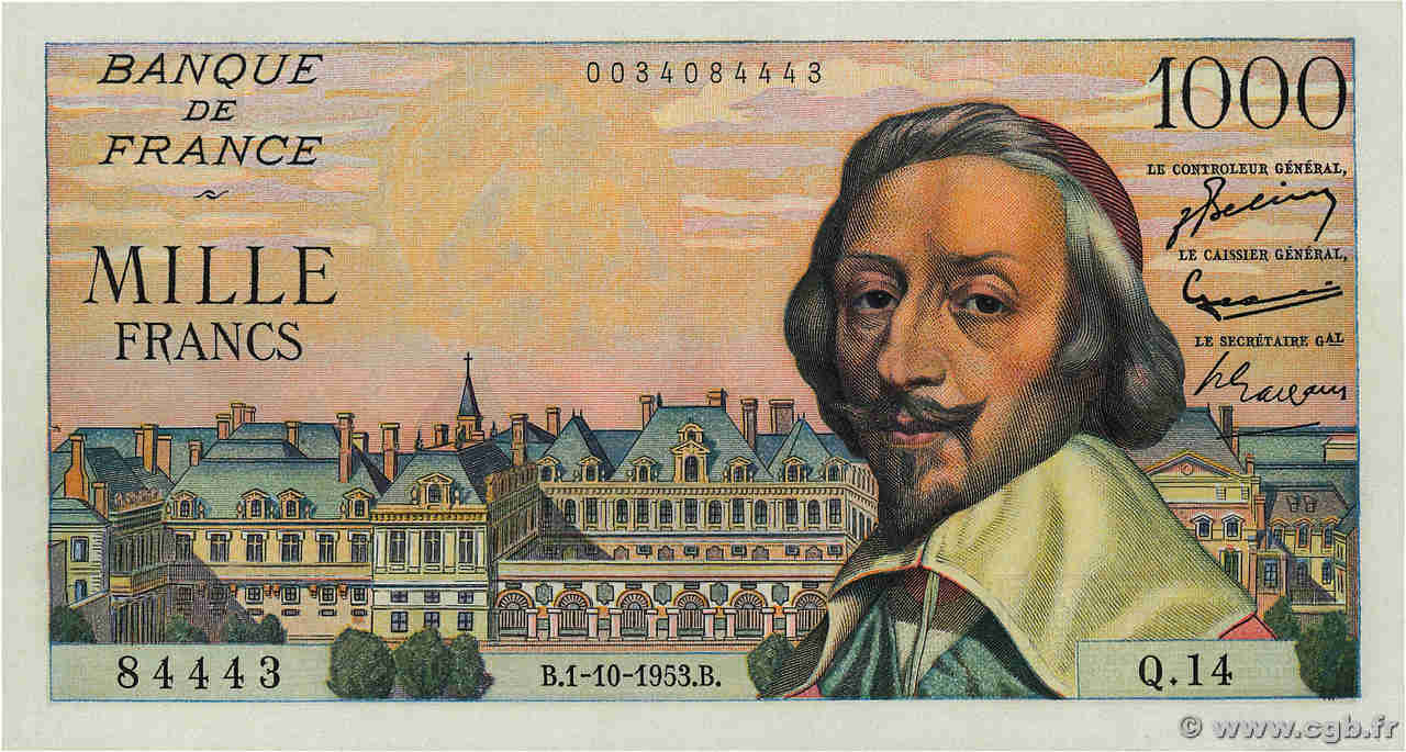 1000 Francs RICHELIEU FRANCIA  1953 F.42.03 SC