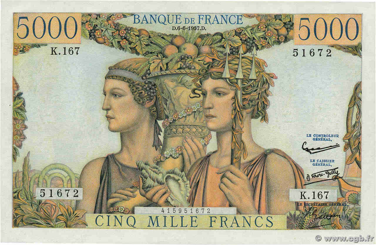 5000 Francs TERRE ET MER FRANCE  1957 F.48.15 SUP+