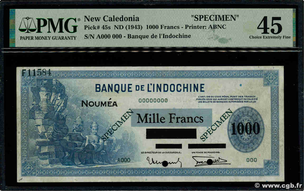 1000 Francs Annulé NOUVELLE CALÉDONIE  1943 P.45s XF