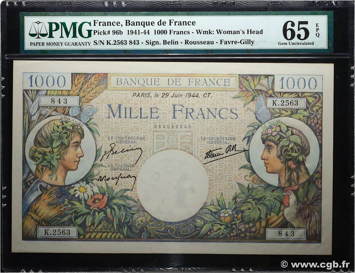 1000 Francs COMMERCE ET INDUSTRIE FRANCIA  1944 F.39.09 FDC