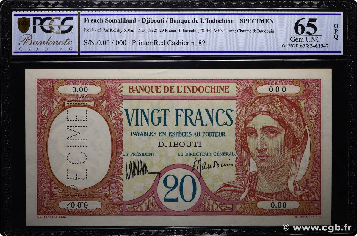 20 Francs Spécimen DJIBOUTI  1936 P.07as UNC