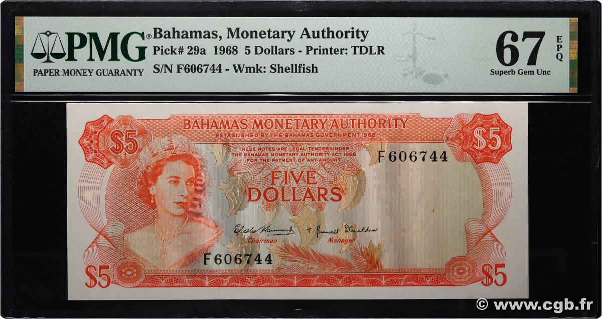 5 Dollars BAHAMAS  1968 P.29a UNC