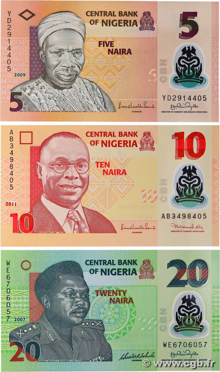 5, 1020 Naira Lot NIGERIA  2007 P.34g, P.38b, P.39c UNC