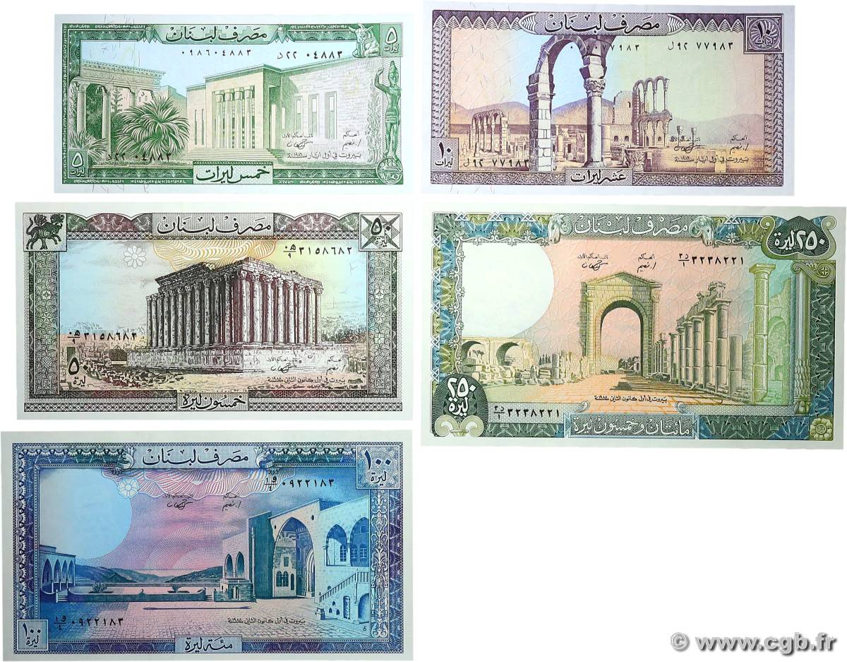 5,10, 50, 100 et 250 Livres Lot LIBAN  1986 P.062d, P.063d,P.066d et P.067e NEUF