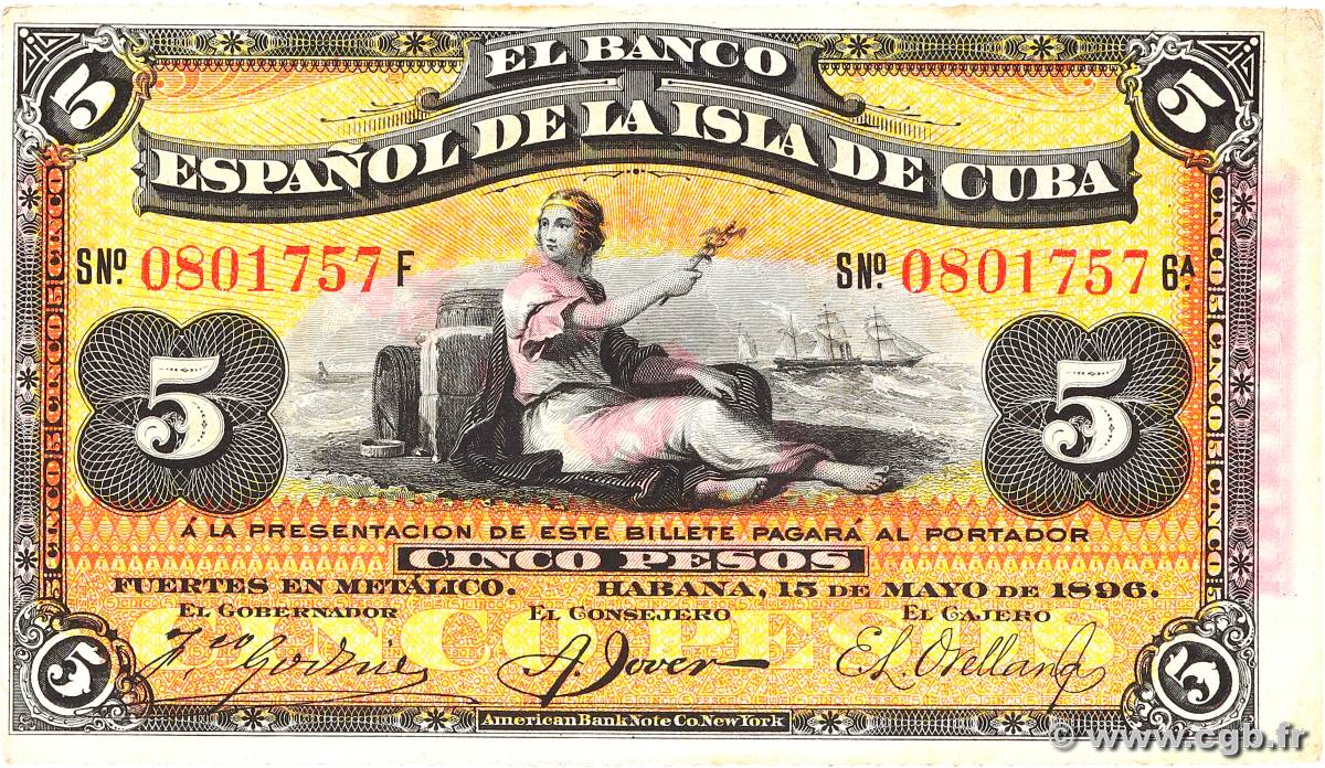 5 Pesos CUBA  1896 P.048b VF