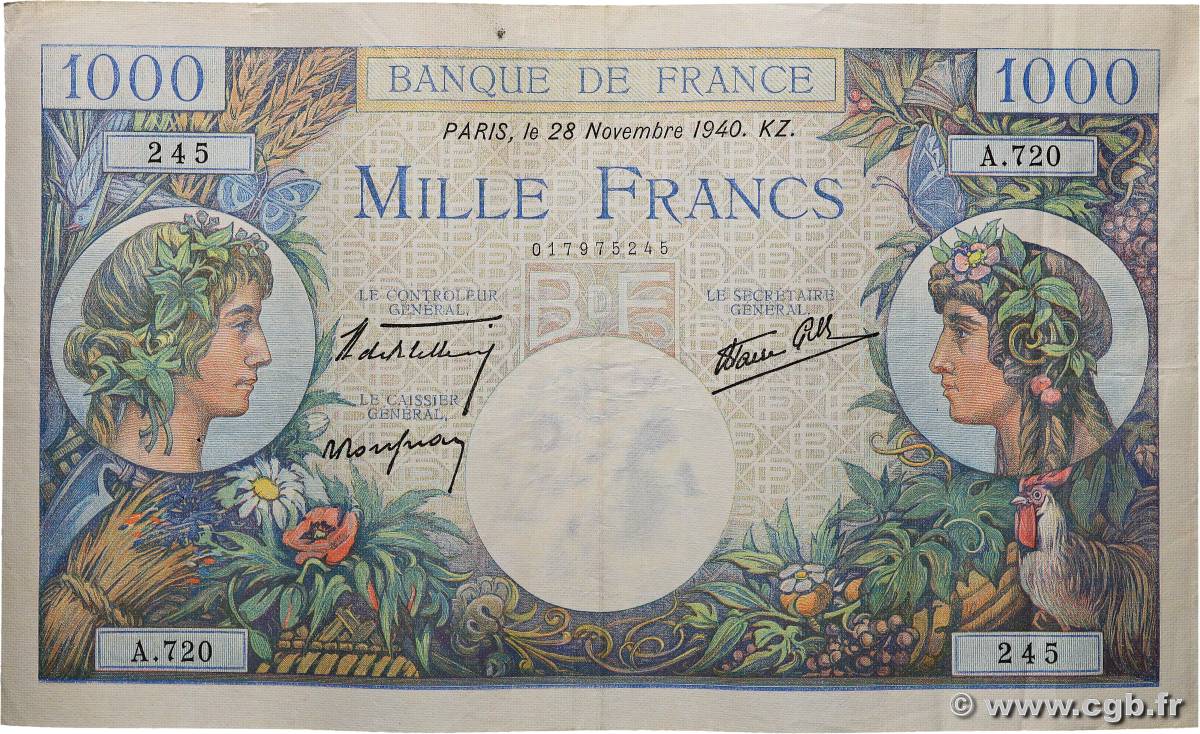 1000 Francs COMMERCE ET INDUSTRIE FRANCIA  1940 F.39.02 q.SPL