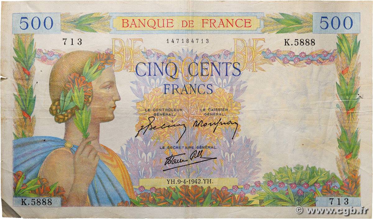 500 Francs LA PAIX FRANCIA  1942 F.32.34 BC+