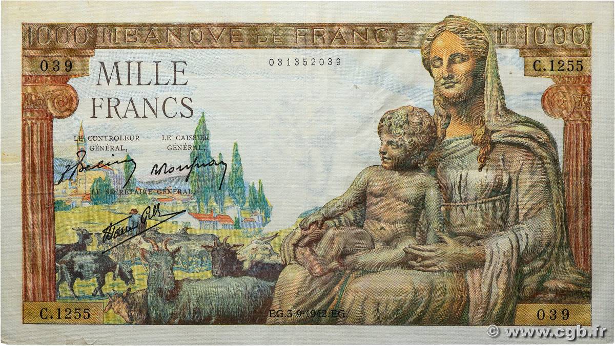 1000 Francs DÉESSE DÉMÉTER FRANCIA  1942 F.40.06 MBC