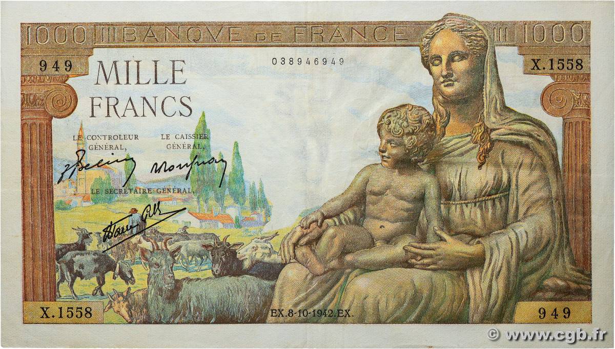 1000 Francs DÉESSE DÉMÉTER FRANCIA  1942 F.40.08 BB