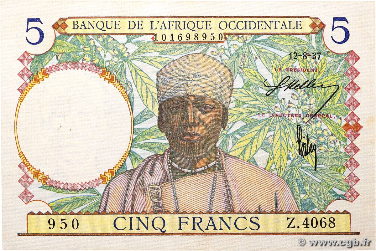 5 Francs FRENCH WEST AFRICA  1937 P.21 XF