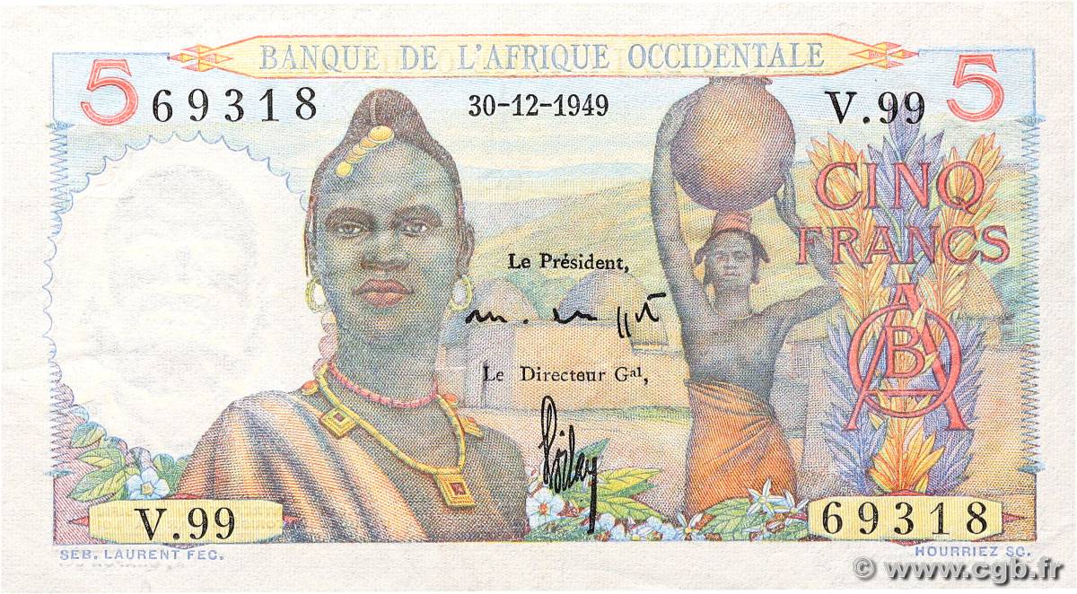 5 Francs FRENCH WEST AFRICA  1949 P.36 XF-