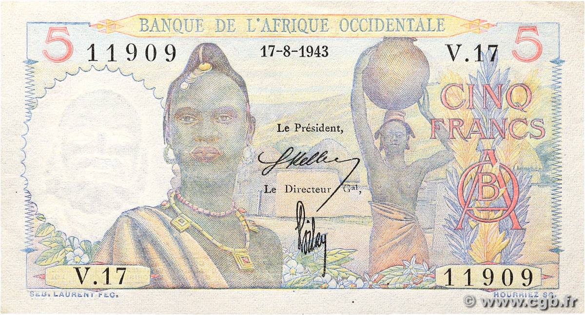 5 Francs FRENCH WEST AFRICA  1943 P.36 UNC-