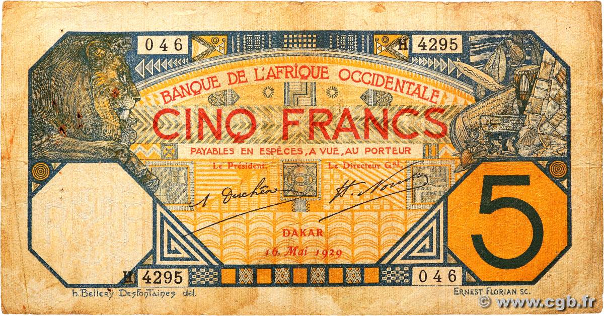 5 Francs DAKAR FRENCH WEST AFRICA Dakar 1929 P.05Bf VG