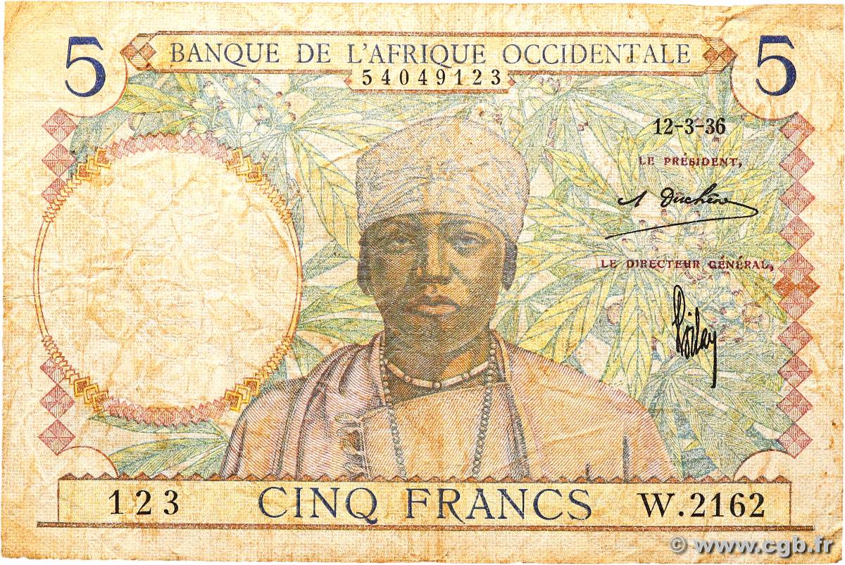 5 Francs FRENCH WEST AFRICA  1936 P.21 VG