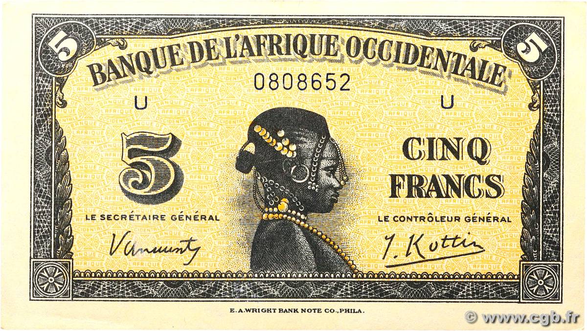 5 Francs FRENCH WEST AFRICA  1942 P.28a VZ+