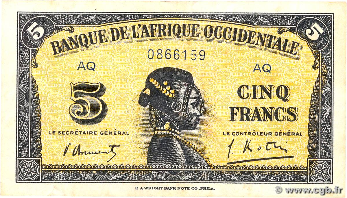 5 Francs  FRENCH WEST AFRICA  1942 P.28b VF