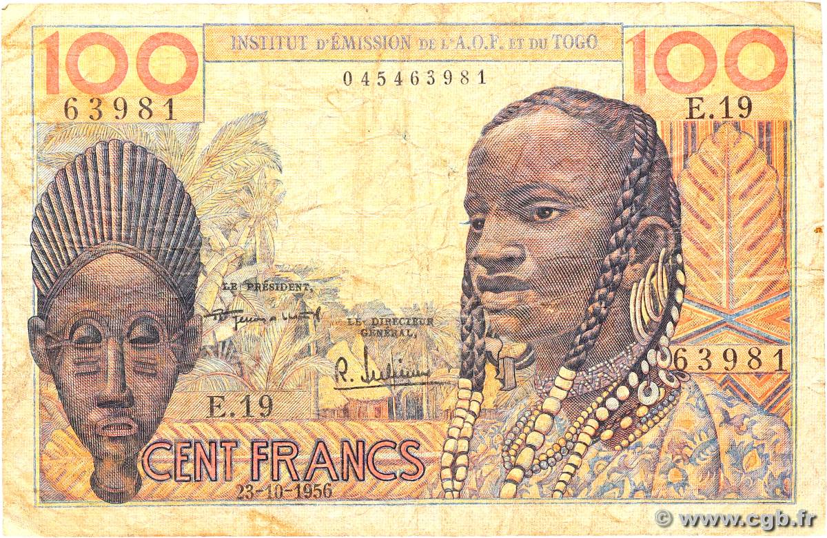 100 Francs FRENCH WEST AFRICA  1956 P.46 q.MB