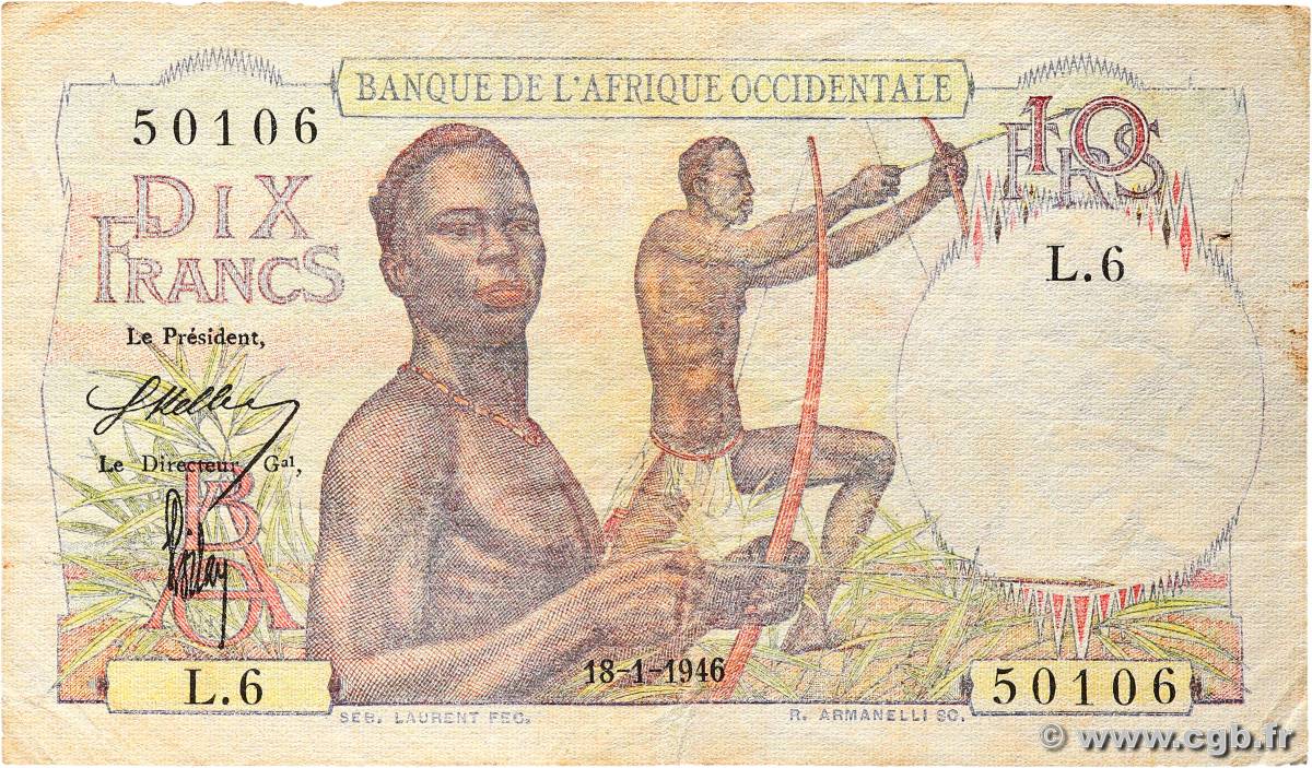 10 Francs FRENCH WEST AFRICA  1946 P.37 VF