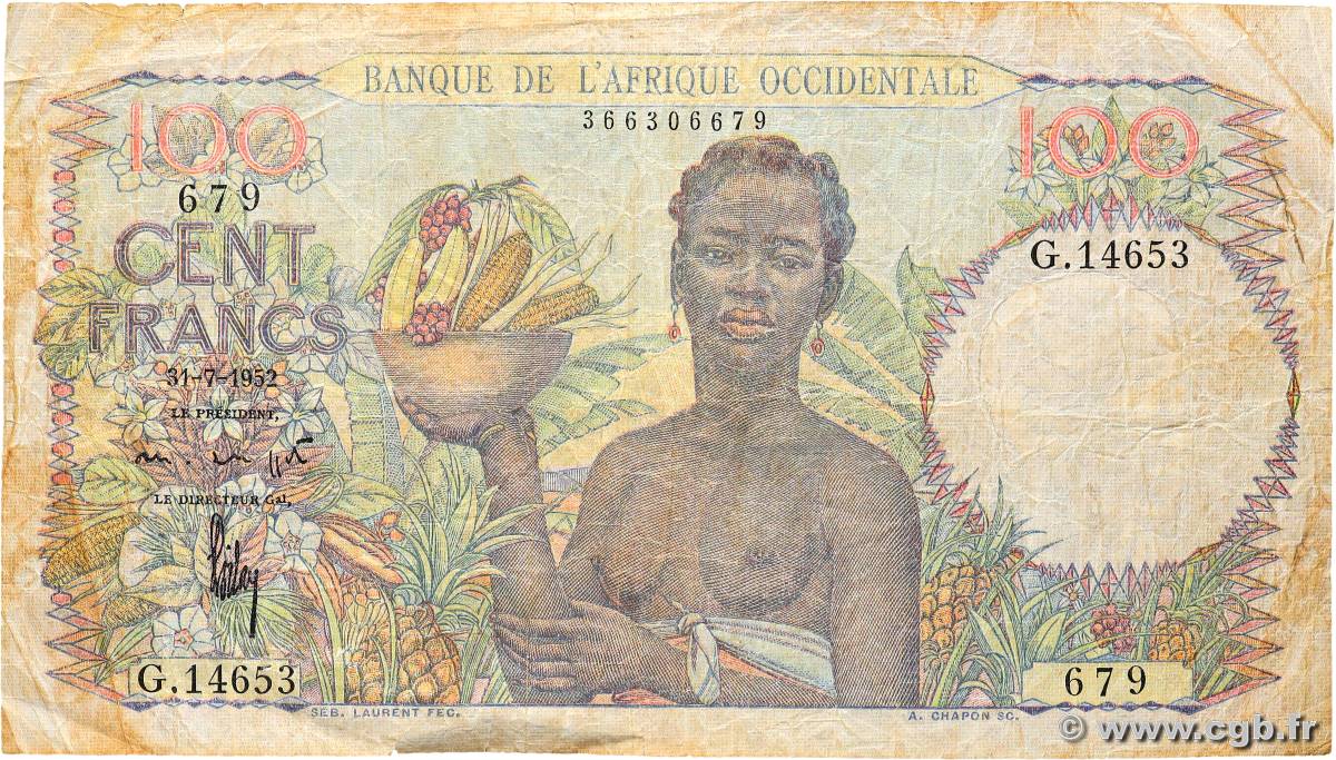 100 Francs FRENCH WEST AFRICA  1952 P.40 RC+