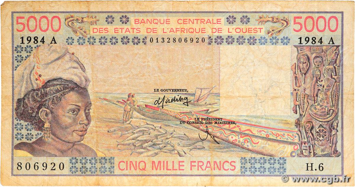 5000 Francs WEST AFRICAN STATES  1984 P.108Al VG