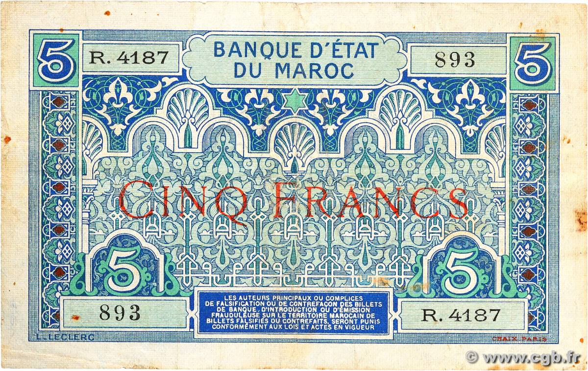 5 Francs MAROC  1924 P.09 TTB