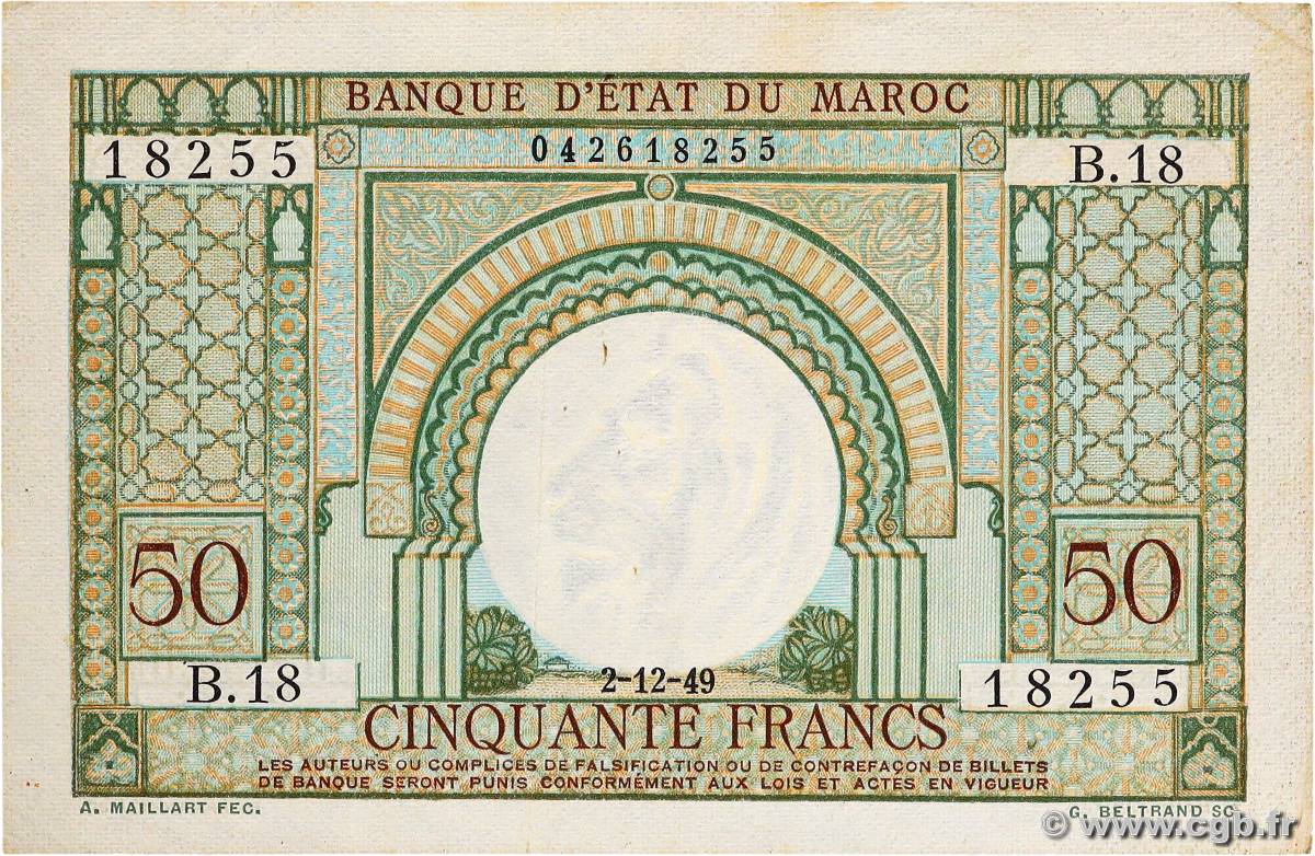 50 Francs MAROKKO  1949 P.44 fVZ