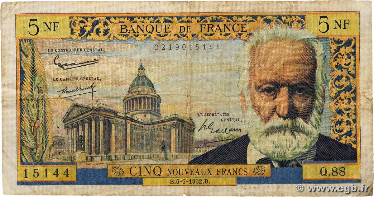 5 Nouveaux Francs VICTOR HUGO FRANCE  1962 F.56.12 VG