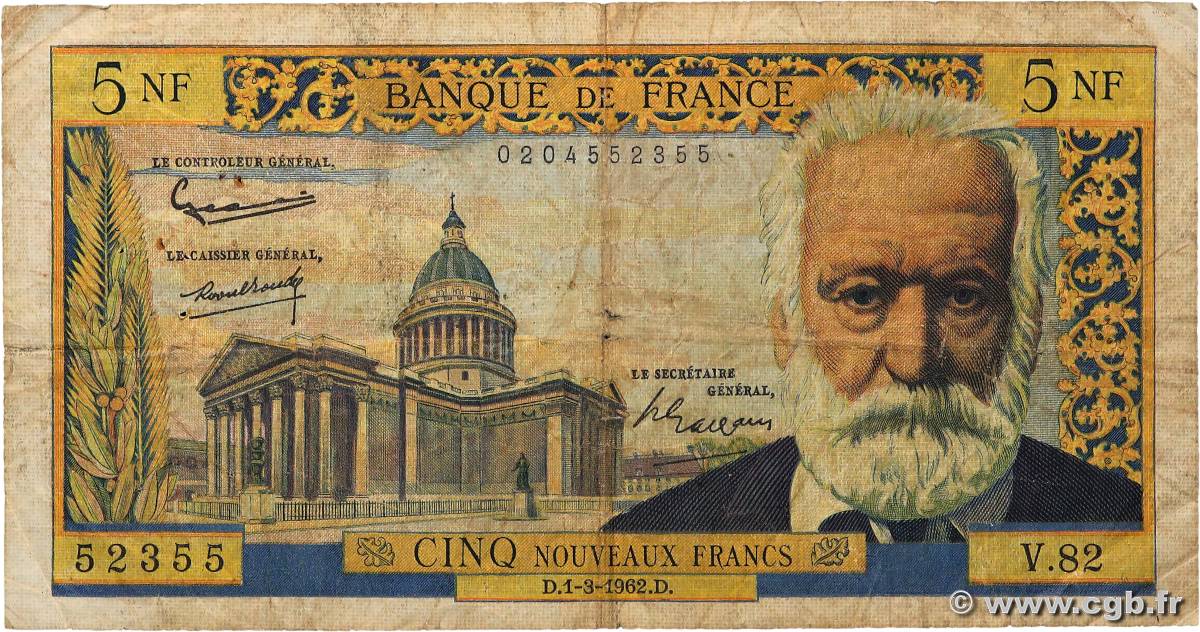 5 Nouveaux Francs VICTOR HUGO FRANCIA  1962 F.56.11 B