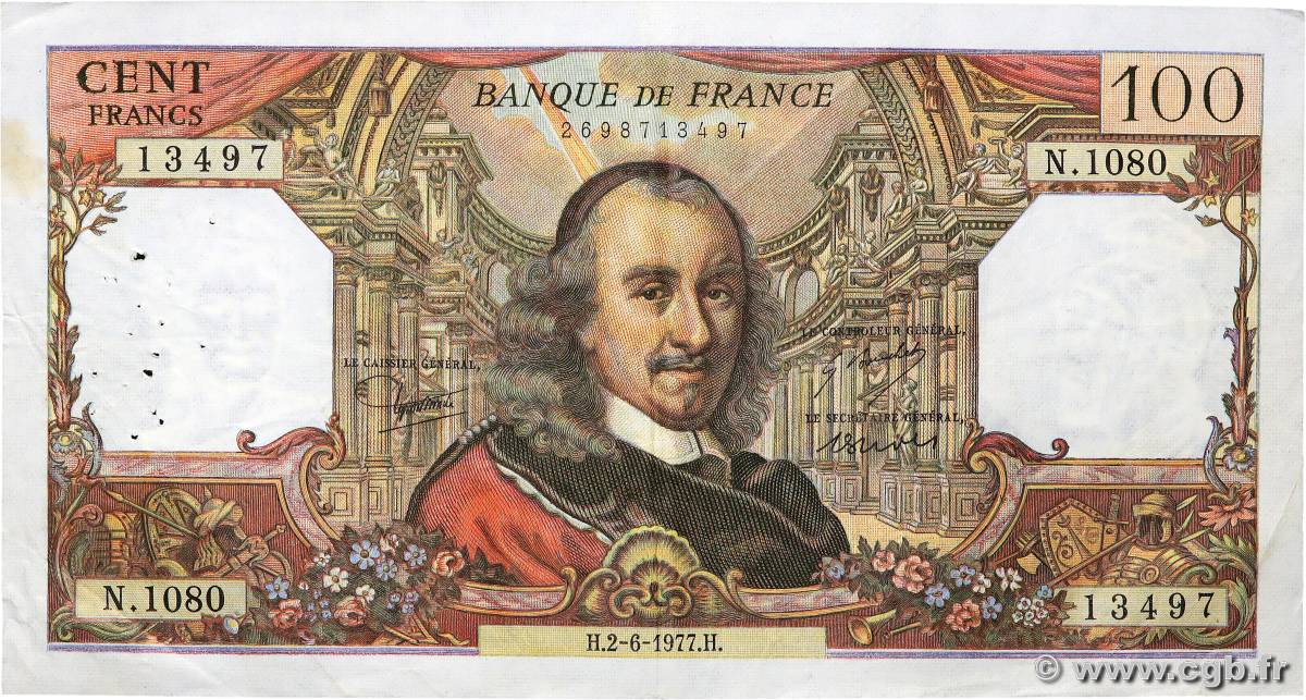 100 Francs CORNEILLE FRANCE  1977 F.65.58 VF-