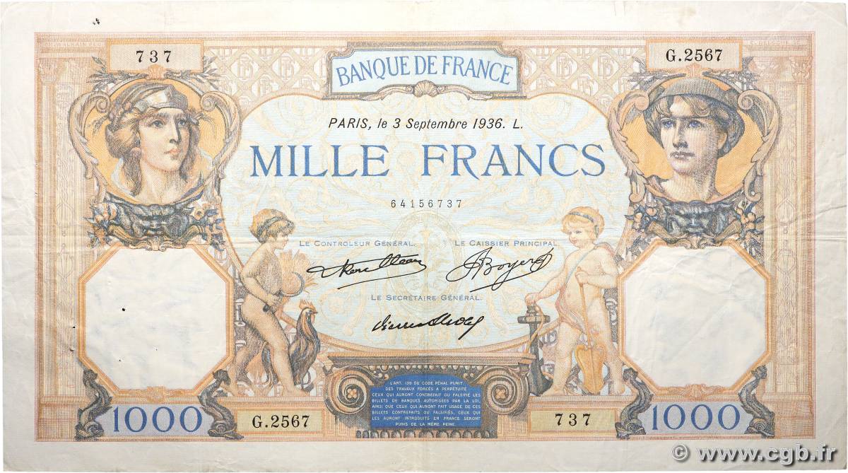 1000 Francs CÉRÈS ET MERCURE FRANCE  1936 F.37.09 TB
