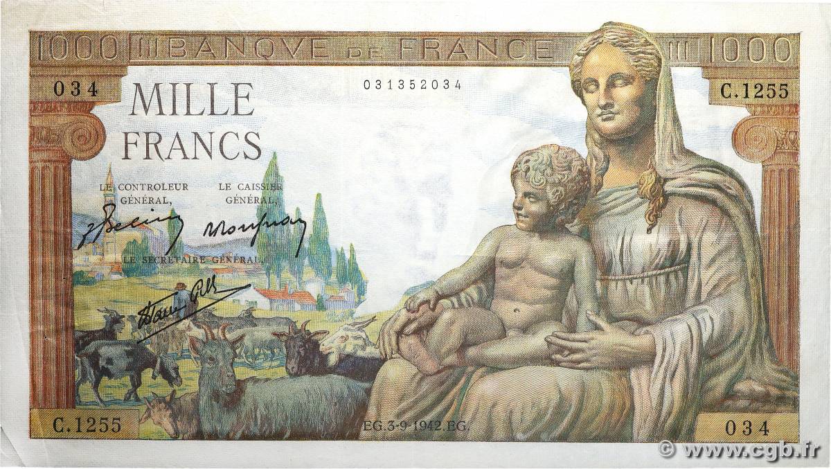 1000 Francs DÉESSE DÉMÉTER FRANCE  1942 F.40.06 VF