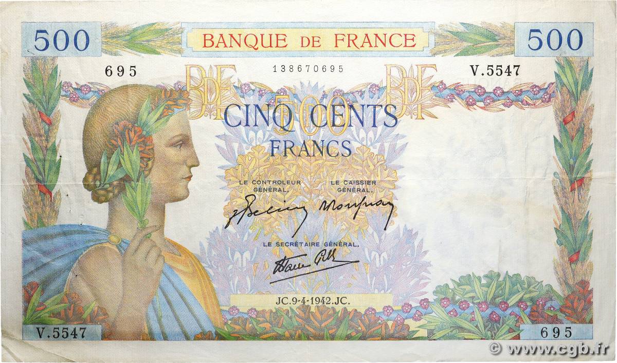 500 Francs LA PAIX FRANCIA  1942 F.32.34 BB